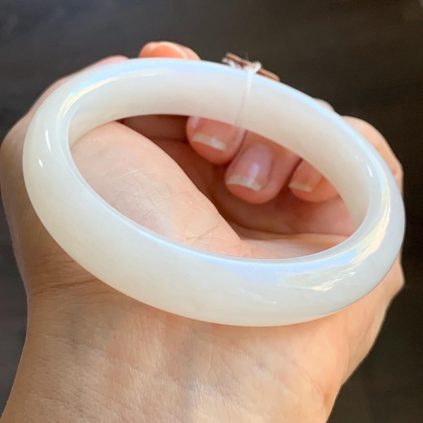 Certified Natural Nephrite Jade Translucent White Bangle Bracelet 57.9mm 7.15” 73g 天然和田玉奶白手镯 067