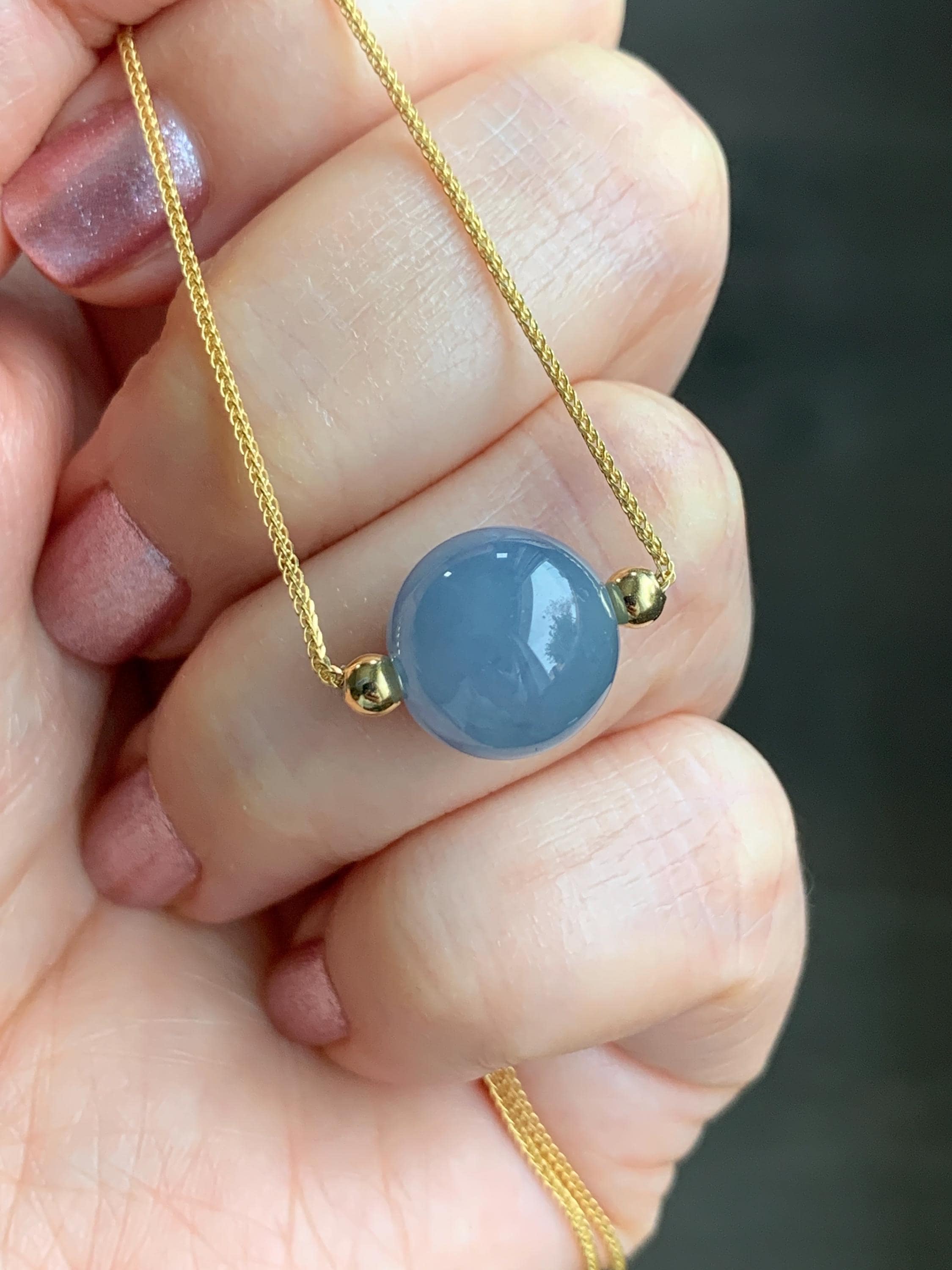 Natural Guatemalan Icy Translucent Purplish Blue Jadeite Round Bead Sphere Pendant Sterling Silver Chain 17.5” adjustable 5g 天然冰危蓝紫翡翠圆珠项链
