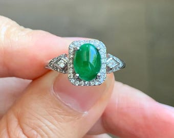 Natural Grade A Guatemalan Icy Translucent Vibrant Green Jade Jadeite Halo Ring Sterling Silver Size Adjustable 天然冰危绿翡翠戒指 WLO110