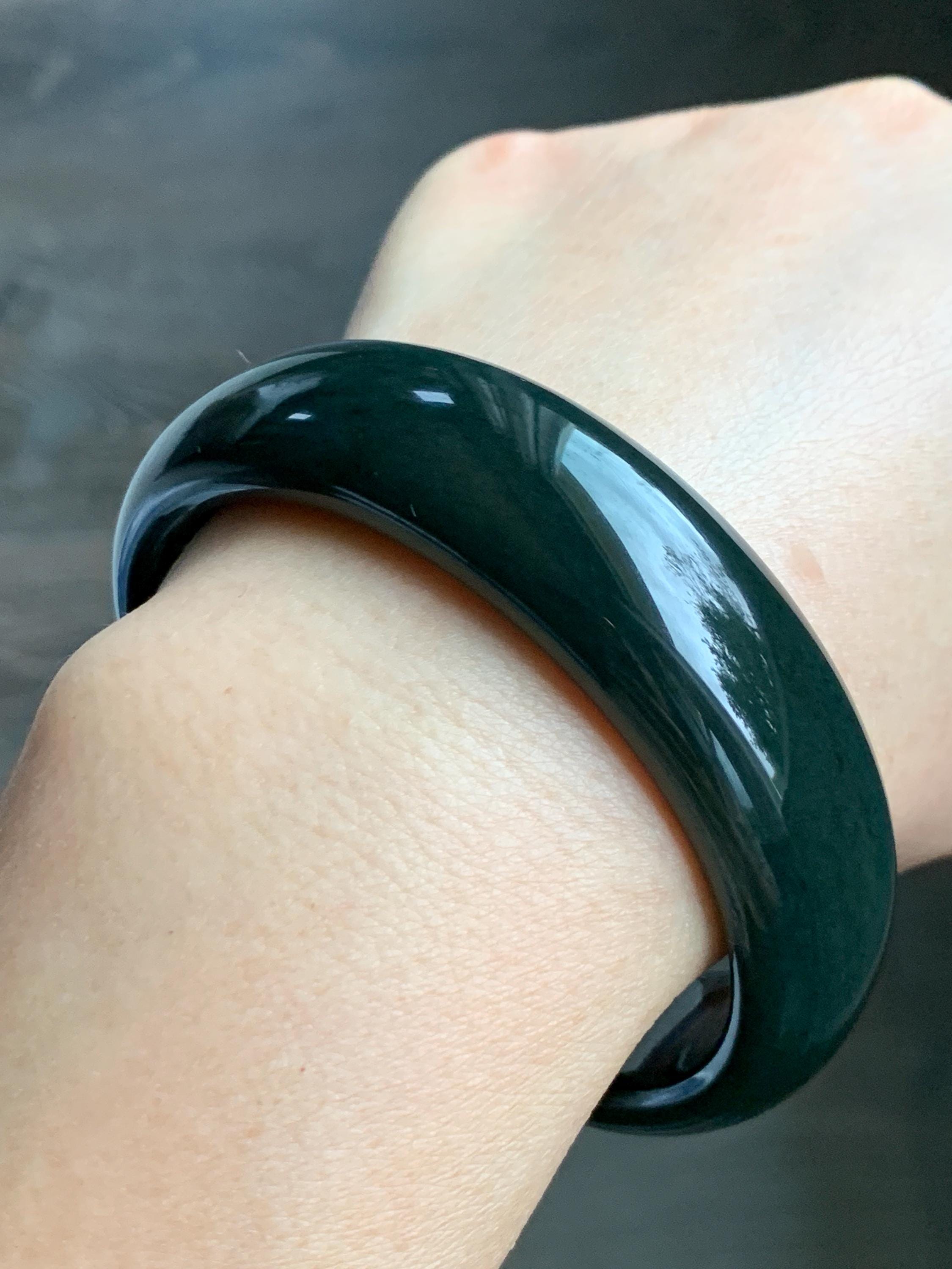 Certified Natural Nephrite Jade Opaque Black Wide Bangle Bracelet