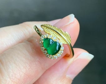 Natural Grade A Guatemalan Icy Translucent Intense Green Jadeite Hulu Gourd Ring Sterling Silver Yellow Gold Finish 天然冰危绿翡翠葫芦银镶戒指 JHL66