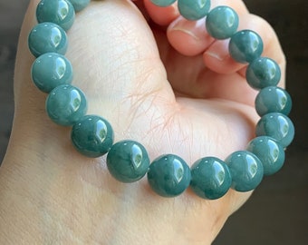 Pulseira com miçangas de jadeíte azul-petróleo translúcido guatemalteco grau A natural elástico 9,5 mm 7,25” 32g 天然冰危糯种蓝绿翡翠圆珠手串 WTB21