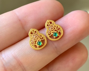 Natural Guatemalan Premium Icy Vibrant Green Jadeite Hulu/Gourd Stud Earrings S925 Silver Gold Satin Finish 天然高危冰绿翡翠葫芦银镶耳钉