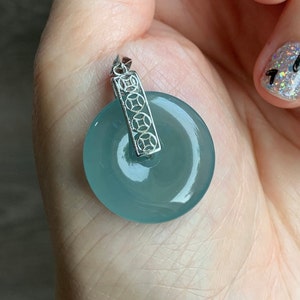 Natural Guatemalan Icy Translucent Gelatinous Light Bluish Green Jadeite Ping An Kou Donut Pendant S925 Sterling Silver 天然冰危老种晴蓝底翡翠平安扣吊坠 B