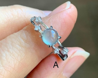 Natural Grade A Guatemalan Icy Highly Translucent Light Blue Jadeite Ring Sterling Silver Size 7 Adjustable 天然冰危淡蓝翡翠满天星开口银镶戒指 MTX130