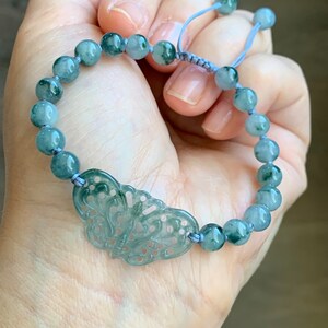 Natural Guatemalan Icy Highly Translucent Light Blue Teal Green Marbled Jadeite Butterfly Beaded Bracelet 6.5” 天然冰胶危料飘花翡翠镂空蝴蝶圆珠手串