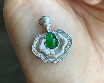 Natural Grade A Guatemalan Icy Translucent Vibrant Green Jade Jadeite Gourd Hulu Pendant Sterling Silver 天然冰危绿翡翠葫芦吊坠 HLS77