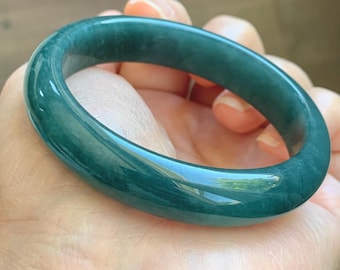 Certified Natural Grade A Guatemalan Icy Translucent Dark Teal Blue Jade Jadeite Wide Bangle 53.39mm 6.6” 42g 天然冰危深蓝绿翡翠正圈宽版手镯 1230