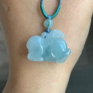 Natural Grade A Icy Translucent Gelatinous Light Blue Jadeite w/ Teal Marbling Pendant Tang Horse Rope Necklace Adjustable 天然冰胶蓝底飘蓝花翡翠唐马吊坠