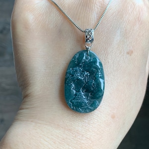 Natural Guatemalan Dark Teal Blue Jadeite Carved Shan Shui Pai Landscape Tag Pendant Sterling Silver 天然冰危深蓝水翡翠山水牌吊坠 B