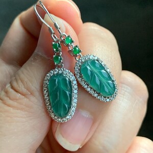 Natural Guatemalan Grade A Icy Translucent Teal Green Jadeite Leaf Vibrant Green Jadeite Earrings Sterling Silver 天然冰危蓝绿翡翠大叶有成银镶耳钩 WLYC88
