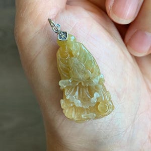 Natural Grade A Icy Translucent Gelatinous Yellow Jade Jadeite Carved Cabbage Pendant Sterling Silver 9g 天然冰胶黄翡翠白菜百财吊坠 MHB132