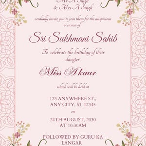 Pink Sri Sukhmani Sahib path invitation instant editable download