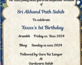 Blue Sri Akhand Path invitation editable instant download