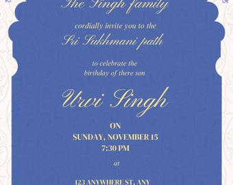 Blue Ornate Sukhmani Sahib Path Invite. Instant download.