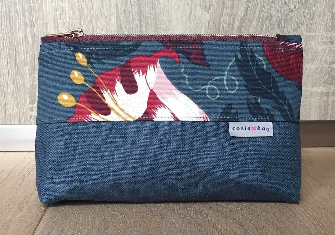 Cosmetic Bag 20x12x5cm, Linen/cotton Petrol Pencil Pouch Pencil Case  Make-up Bag, VEGAN
