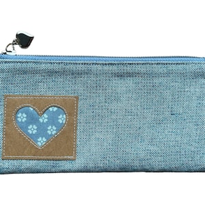 Pencil case 20 x 10 cm VEGAN, blue/mint canvas, heart appliqué, pencil case, pouch, make-up bag, cosmetic bag
