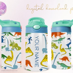 May include: A white water bottle with a green lid and a dinosaur pattern. The bottle is customizable with the text "YOUR NAME".