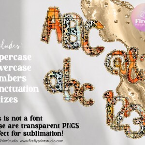 May include: A set of alphabet letters, numbers, and punctuation marks in a leopard print design with a glittery gold background. The letters are uppercase and lowercase. The numbers are 1, 2, and 3. The punctuation marks are not visible.