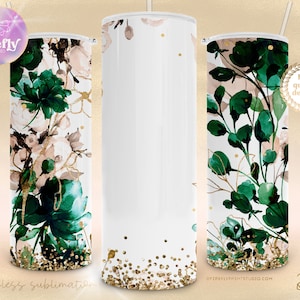 Voeg je eigen, groen gouden aquarel bloemen, 20 oz skinny tuimelaar, Moederdag bloemen sublimatie ontwerpen downloads cup, wrap cup FLR194 toe