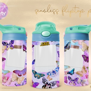 May include: A seamless digital design featuring a purple and pink watercolor background with butterflies and gold glitter accents. The design is shown on a white water bottle with a green lid and a flip top.
