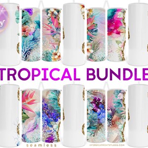 May include: A set of 10 sublimation designs featuring tropical floral patterns with gold accents. The designs are perfect for creating custom tumblers, mugs, and other personalized items.