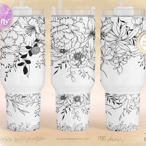 Schwarzweiss-Herbstblumen 40 Unzen Tumbler Wrap, Sublimations-Designs, Blumen Png, Pfingstrosen, Blumen, Becher für Mütter 40OZ051