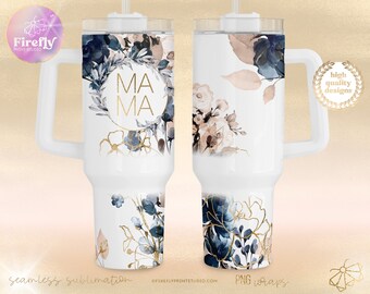 Navy Florals Mama 40oz Tumbler Wrap, Sublimation Designs, Mom Png, White Blue, Summer, 4th of July, Cup Wrap Cup, Downloads Cup 40OZ016