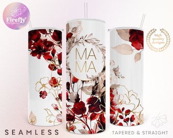 Watercolor Florals Mama 20 oz Skinny Tumbler, Floral, Flowers, Cottage, Red, Gold, Sublimation Designs, Seamless, Instant Download - FLR042