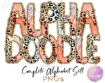 Alpha Doodles PNG, Peach Fuzz Leopard, Blue Green Cheetah Sublimation, Alphabet, School Letters Set, Designs Downloads Clip Art ALPHAGLR137