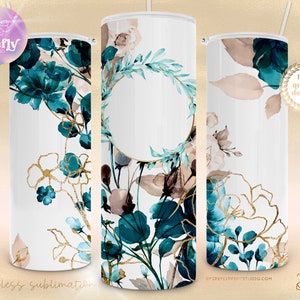 Teal Watercolor Florals 20 oz Skinny Tumbler, Add Your Own Text, Personalize, Flowers, Sublimation Designs, Instant Download Cup, FLR068