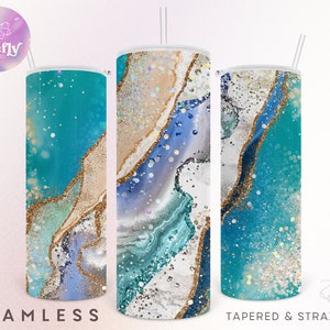 Peut inclure: Trois gobelets sans couture avec des motifs abstraits. Les gobelets pr&eacute;sentent un m&eacute;lange de teintes turquoise, bleues, beiges et des accents de paillettes dor&eacute;es. Le texte "SEAMLESS" et "TAPERED & STRAIGHT" est au bas de l'image. Le logo Firefly Print Studio est en haut &agrave; gauche.