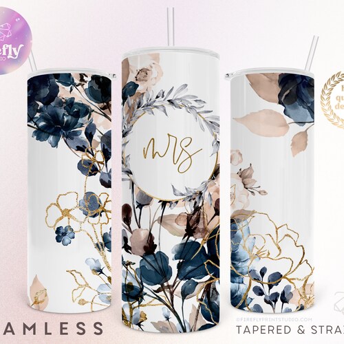Mrs Wedding Tumbler Wrap, Navy Florals 20 oz Skinny, Flowers, Bride Just Married Newlyweds Sublimation Designs, Instant Download Cup, FLR127