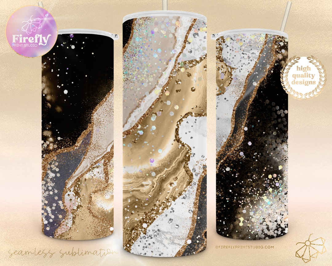 20 Oz Tumbler Sublimation Design, Black and Gold Geodes, Glitter Agate ...