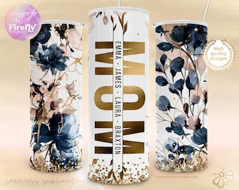 Navy Blue Flowers Mom Tumbler Wrap, Mothers Day, Add Your Kids Names, For Moms 20oz Skinny, Floral Sublimation Designs Downloads Cup FLR189