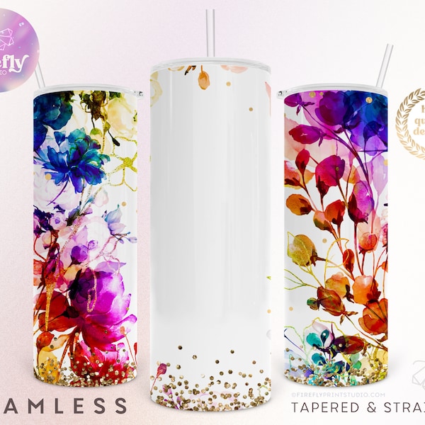 Rainbow Florals Tumbler, Add Your Name, 20oz Skinny, Pride, Gold, LGBTQ Sublimation Designs Downloads, Seamless Cup, Wrap, Cup, AYO103