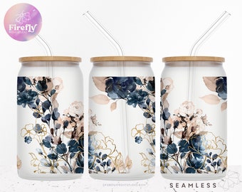 Navy Gold Florals, 16oz Libbey Glass Can, Tumbler Sublimation Designs, Watercolor Flowers, Seamless Cup, Wrap 16OZFLR034