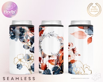 Refrigerador de lata 4 em 1, florais em aquarela de ferrugem laranja marinho, embrulho Png, copo de cerveja, seu nome, designs de sublimação, downloads digitais 4IN1FLR131