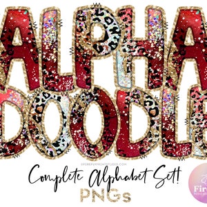 Christmas Red Leopard Alpha Doodle, Letters For Sublimation, Holiday Alphabet Set, Cup, Font, Sublimation Designs Downloads Gold ALPHAGLR081