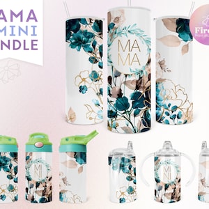 Teal Florals Mama Mini Bundle For Sublimation Tumbler Designs, 20oz Skinny, Handles, 12oz Flip Top, Kids Cup, Instant Download - MMB007