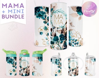 Mini lot de fleurs bleu sarcelle pour gobelets à sublimation, 50 gram, mince, poignées, couvercle rabattable 12 oz, tasse pour enfants, téléchargement immédiat - MMB007