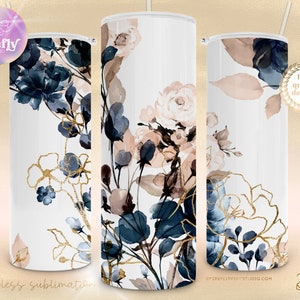 Marine goud Blush aquarel Florals 20 oz mager Tumbler, bloemen, bloemen, Cottage, sublimatie ontwerpen, naadloos, Instant Download - FLR034