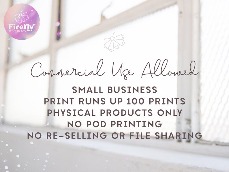 Peut inclure: Image avec le texte "Commercial Use Allowed" et le logo "Firefly Print Studio". Le texte d&eacute;taille l'utilisation pour les petites entreprises, les tirages jusqu'&agrave; 100 impressions, les produits physiques uniquement et les restrictions sur l'impression &agrave; la demande, la revente et le partage de fichiers.