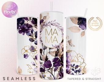 Purple Watercolor Florals Mama 20 oz Skinny Tumbler, Floral, Flowers, Gold, Sublimation Designs, Seamless, Instant Download - MOM051