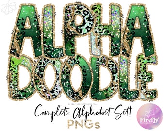 Alpha Doodles PNG, Shamrock Green Leopard, Cheetah Sublimation, St Paddys Alphabet, Letters Set, Designs Downloads Clip Art ALPHAGLR142