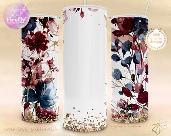 May include: A sublimation design featuring a watercolour floral pattern with burgundy, pink, and blue flowers on a white background. The design includes gold glitter accents and is perfect for creating custom tumblers or other sublimation projects.