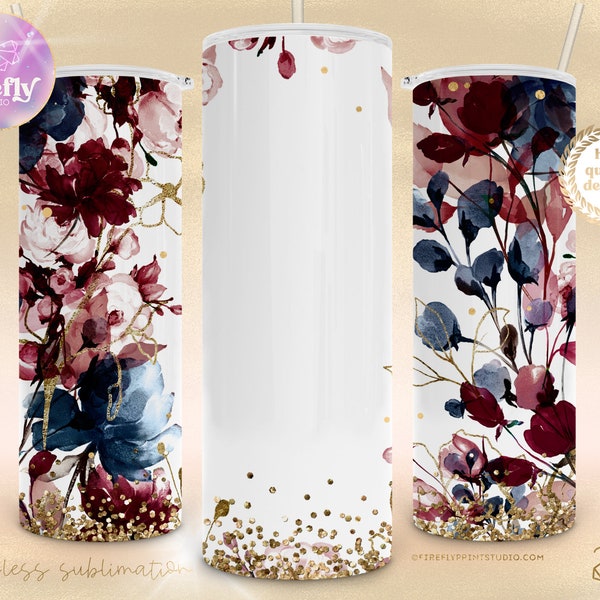 Navy Burgundy Wedding Florals Tumbler, Ajoutez votre nom, 20oz Skinny, Fleurs, Bridal Sublimation Designs Téléchargements, Coupe, Wrap, Coupe AYO112