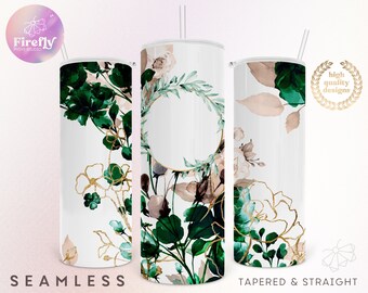 Emerald Green Florals 20 oz Skinny Tumbler, Add Your Own Text, Personalize, Flowers, Gold, Sublimation Designs, Cup, Downloads - FLR044