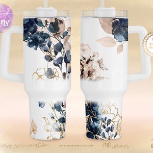 May include: A white tumbler with a blue and gold floral design. The tumbler has a lid and a straw. The design is seamless and can be used for sublimation.