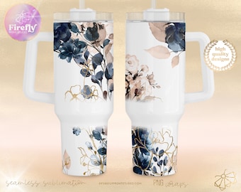 Navy Florals 40oz Tumbler Wrap, Sublimation Designs, Mom Png, White Blue, Summer, 4th of July, Teachers Cup Wrap Cup, Downloads Cup 40OZ014